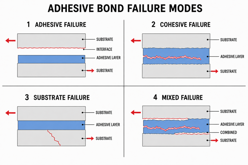 Diagram of adhesive, cohesive, substrate, and mixed adhesive bond failure modes