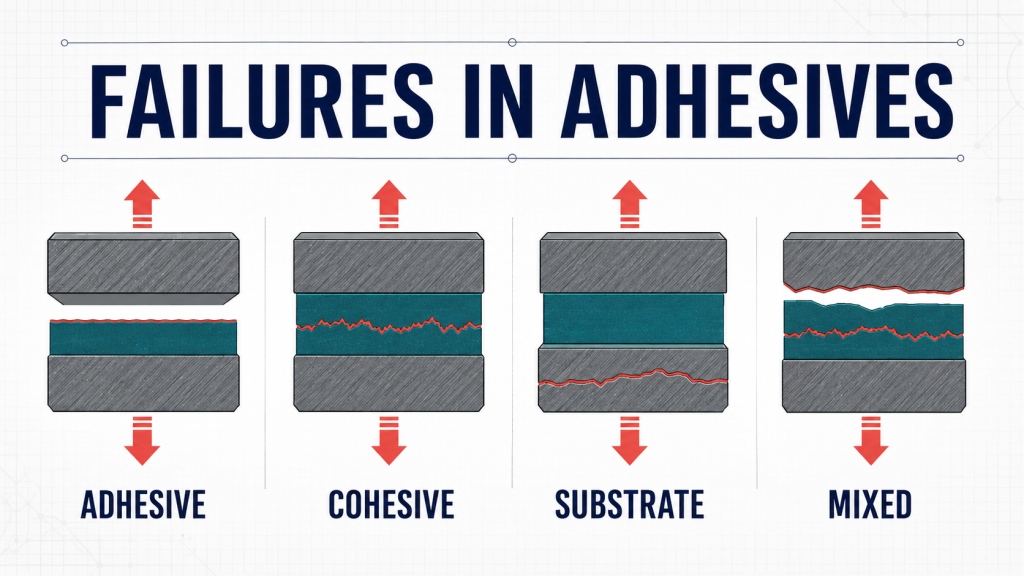 Four-panel diagram showing adhesive, cohesive, substrate, and mixed bond failures