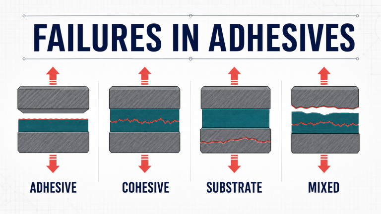Four-panel diagram showing adhesive, cohesive, substrate, and mixed bond failures